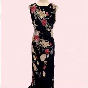 Vintage Eva Blue Floral Beaded Rayon Maxi Dress Size 16